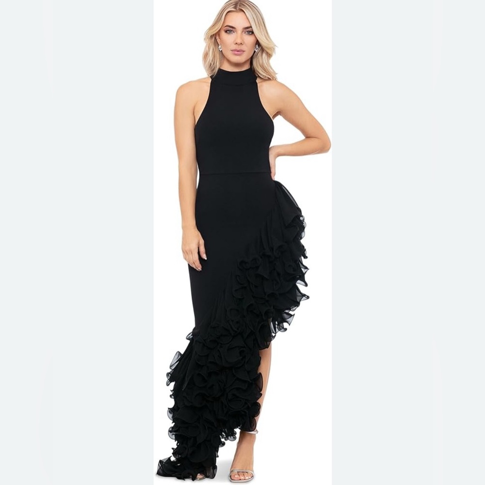 Betsy & Adam Evening Gown Halter Sleeveless Ruffles Asymmetric Side Slit NWOT